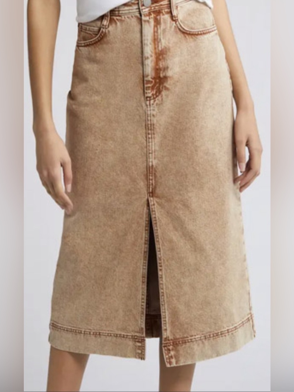 Treasure & Bond - High Waist, Brown Denim Midi Skirt with Front Slit. Size 25